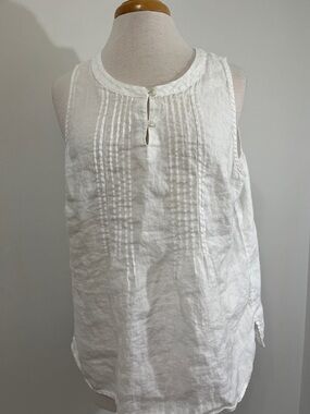 Talbots White Linen Sleeveless Tunic Tank Top Button Neckline Trim Size XL